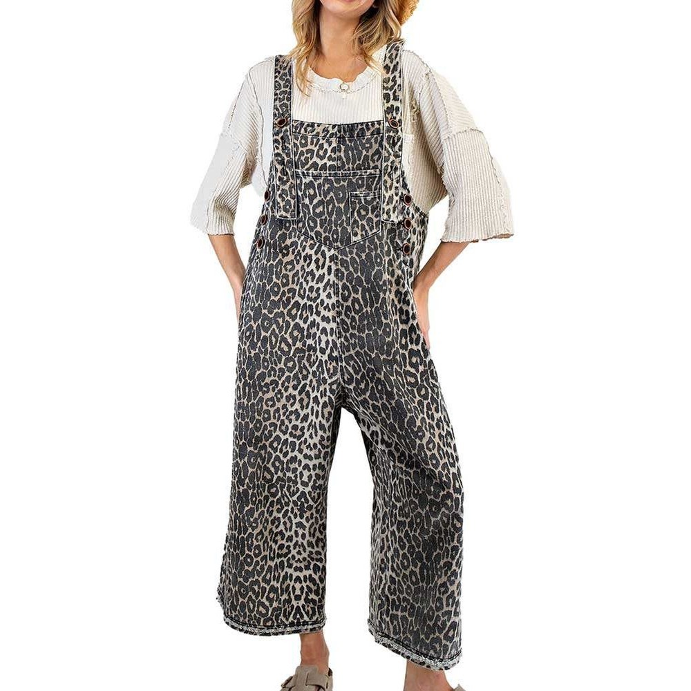 Easel Los Angeles High Hopes Leopard Print Denim Overalls Grey Tan Wide Leg L